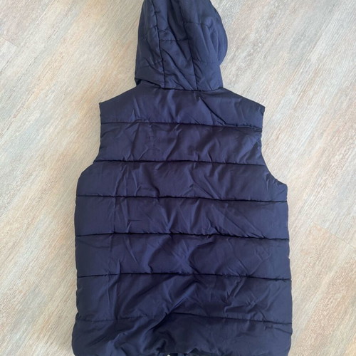Look At Me sleeveless blue jacket with hood and zipper pockets, used, 12-13Y