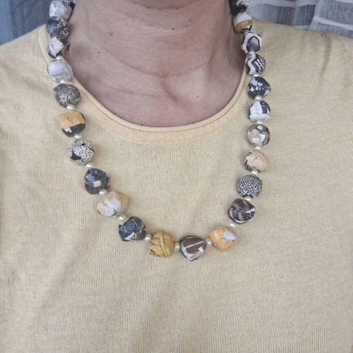 Papier-mâché necklace handmade made to order, yellow and black and white