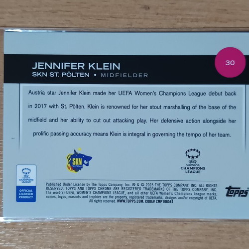 Topps Chrome UWCL 2024-25 Jennifer Klein #30 RC Pulsar Refractor card near mint