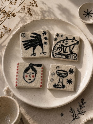 Handmade illustrated ceramic tiles mini for DIY and decoration