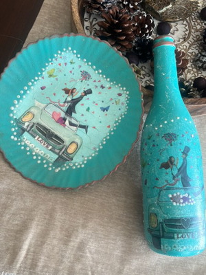 Handmade decoupage set like new, decorative plate and Love bottle