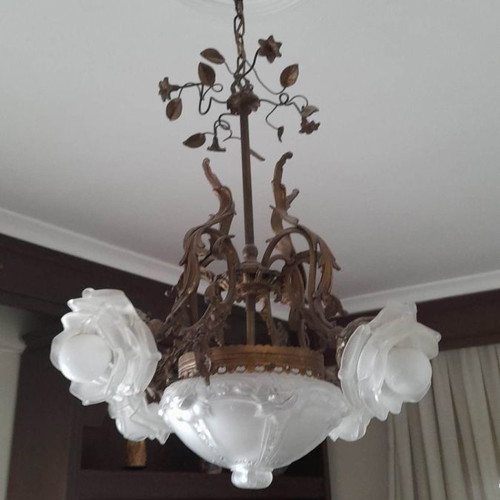 Vintage five-light ceiling lamp used, brass and glass