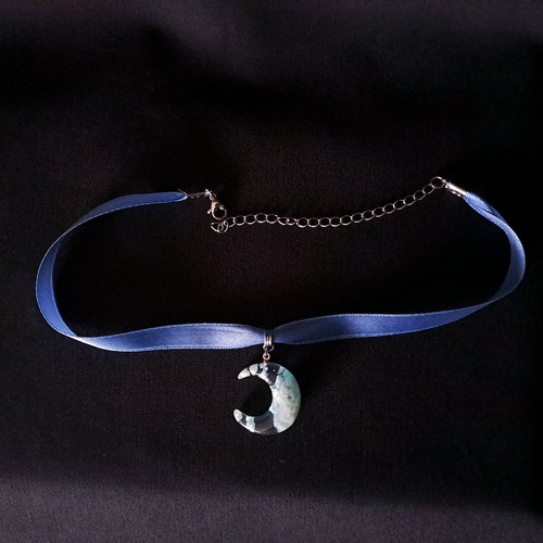 Choker ribbon blue moon handmade, satin with stainless steel clasp