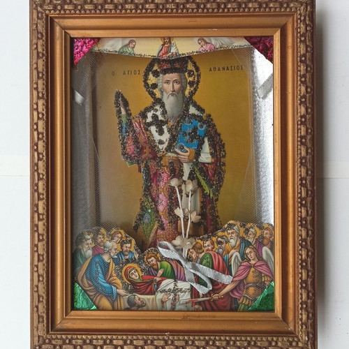 Religious icon Saint Athanasios and the Dormition of the Theotokos like new