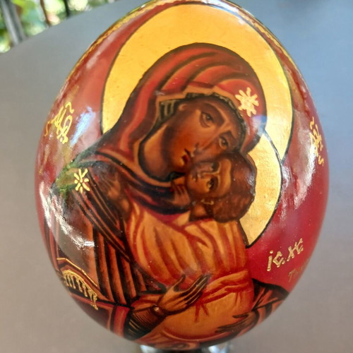 Hand-painted wooden egg with Virgin Mary and Christ, vintage from Russia