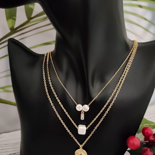 Steel layered necklace gold plated with evil eye, crystal, ceramic stone and monogram new