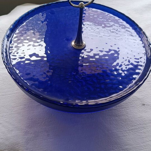 Glass serving platter with lid blue like new