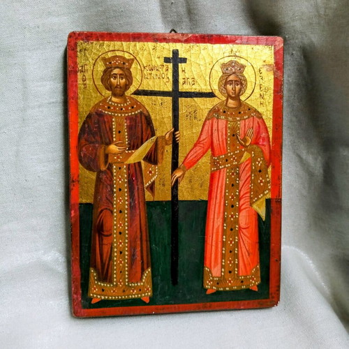Handmade icon of Saints Constantine and Helen used
