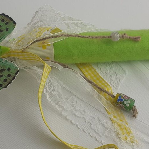 Handmade candle new with felt, lace and wooden decoration