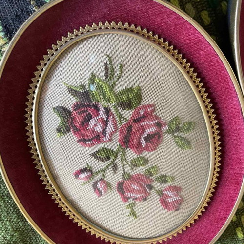 Vintage set of 2 decorative embroidered frames with velvet border like new