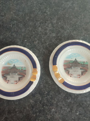 Vintage porcelain ashtrays with landscape, set of 2, used