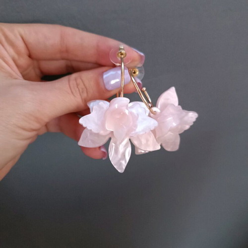 Earrings like new gold hoop with pink flower, summer design