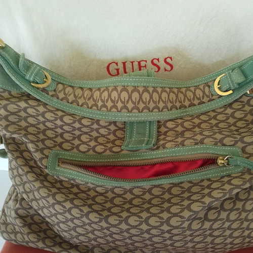 Guess shoulder bag like new, beige canvas and leather, mint green