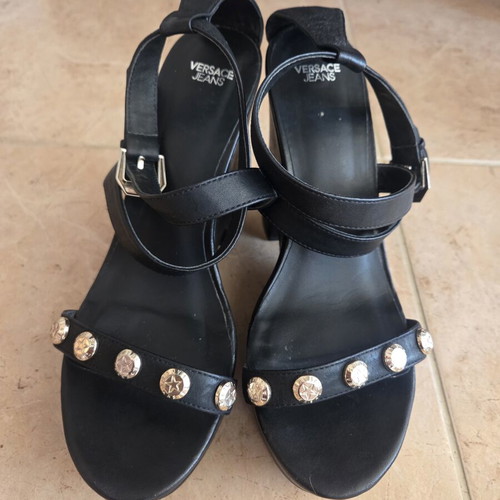 Versace Jeans Black Leather Wedge Platform Sandals like new
