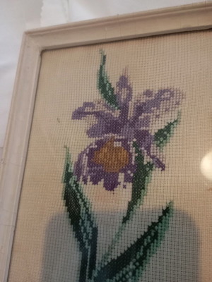 Vintage handmade cross-stitch embroidery iris flower in white frame used