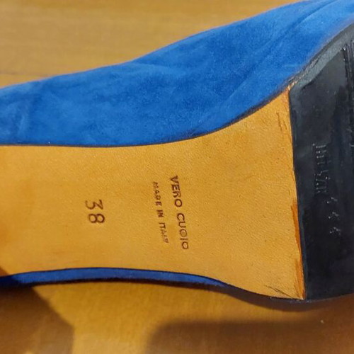 Michele Lopriore peep toe blue suede shoe, new, 10cm heel