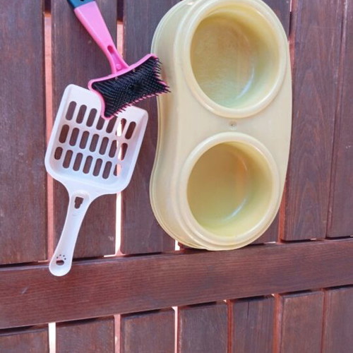 Pet bed, feeder, scoop and brush used set