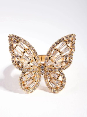 Gold Butterfly Ring 24K Plated with Crystals Adjustable Size