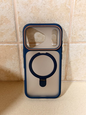 MagSafe case with stand for iPhone 17 Pro, navy blue with orange trim