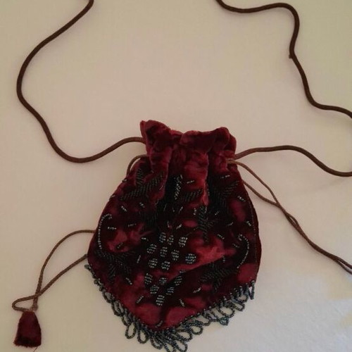 Evening crossbody velvet bag with black bead embroidery, burgundy