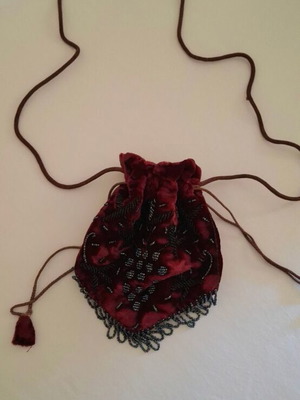Evening crossbody velvet bag with black bead embroidery, burgundy