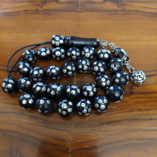 Komboloi with 27 ebony beads and silver metal inlays new