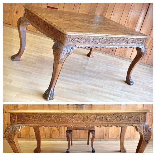 Antique extendable dining table 1960, hand-carved solid wood