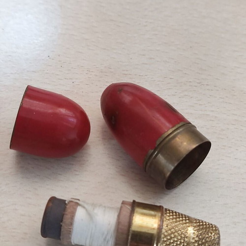 French thimble case with red enamel on bronze, circa 1910, used
