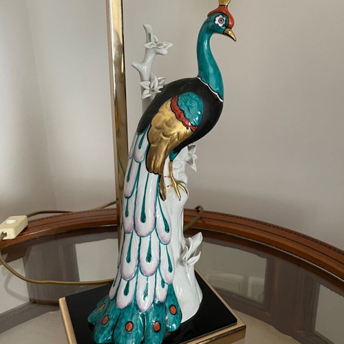 Table lamp made of painted porcelain in peacock shape like new