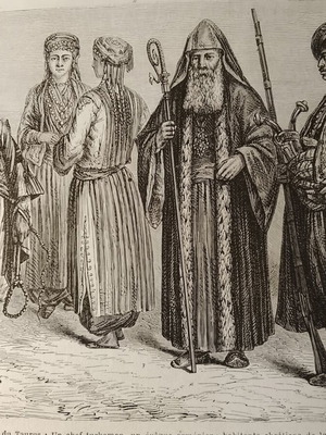 Гравюра от 1854 г. на туркомански вожд и арменски епископ в Киликия