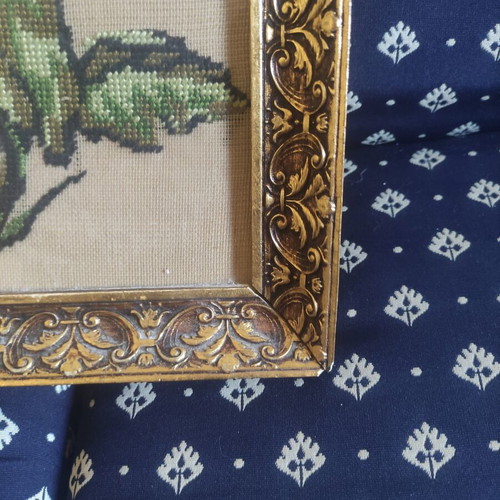 Vintage Gobelin embroidery textile painting 'Lilies' with gold frame