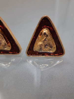 Modern triangular clip earrings used, brown and gold tone
