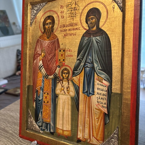 Handmade icon of Raphael Nikolaou and Eirini with 925 silver decoration used