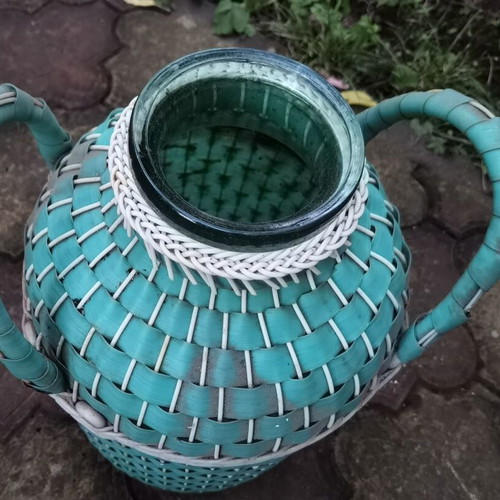 Glass demijohn with plastic wicker used, about 9-10 liters