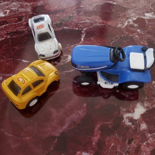 Toy vehicle set used with Playmobil excavator and Fischer Price carriage