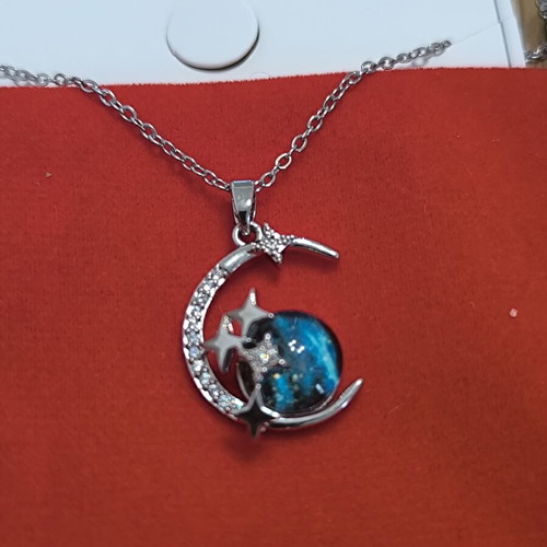 Moon and Stars Necklace with Blue Galaxy Stone, new, silver color