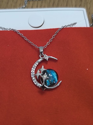 Moon and Stars Necklace with Blue Galaxy Stone, new, silver color