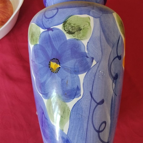 Large decorative ceramic majolica vase with colorful hand-painted flowers, Mediterranean style