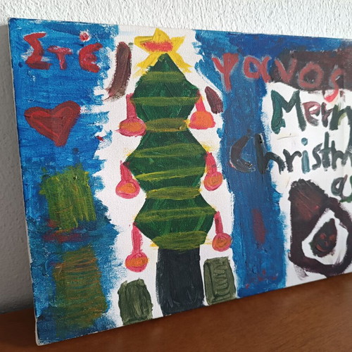 Handmade canvas painting Christmas tree Merry Christmas Naive Art