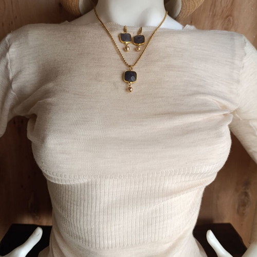 Necklace and earrings set stainless steel gold plated with semi-precious stones and anthracite color, new