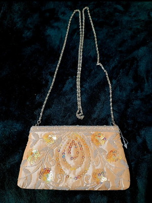 Handbag with sequins new, gold color, chain strap