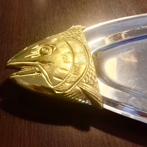 Oval stainless steel serving platter fish-shaped with gold details like new