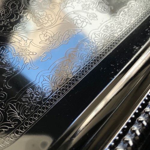Silver antique tray used with engraved Twin Bird Japan motif