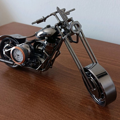 Handmade metal chopper motorcycle with new tabletop clock