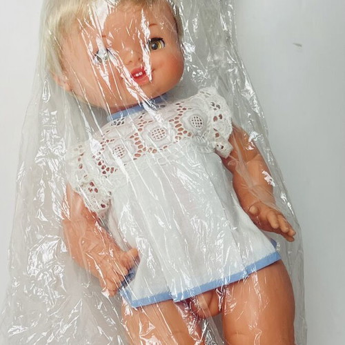Vintage Baby Doll Blonde With White Dress In Plastic Bag