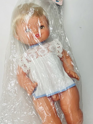 Vintage Baby Doll Blonde With White Dress In Plastic Bag