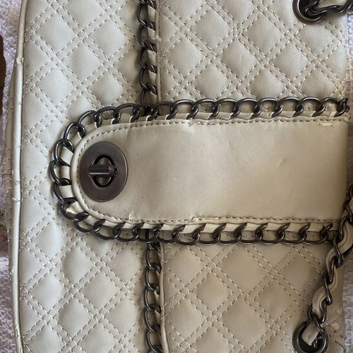 Quilted chain shoulder bag used, cream beige with decorative chains