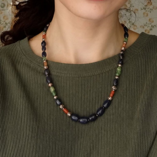 Handmade necklace with natural turquoise, lapis, and coral stones