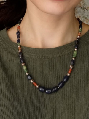 Handmade necklace with natural turquoise, lapis, and coral stones
