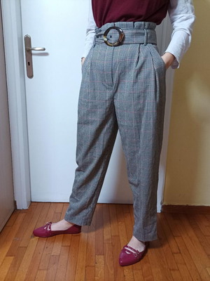 High-waisted checkered pants Mango with paperbag waist and belt, like new